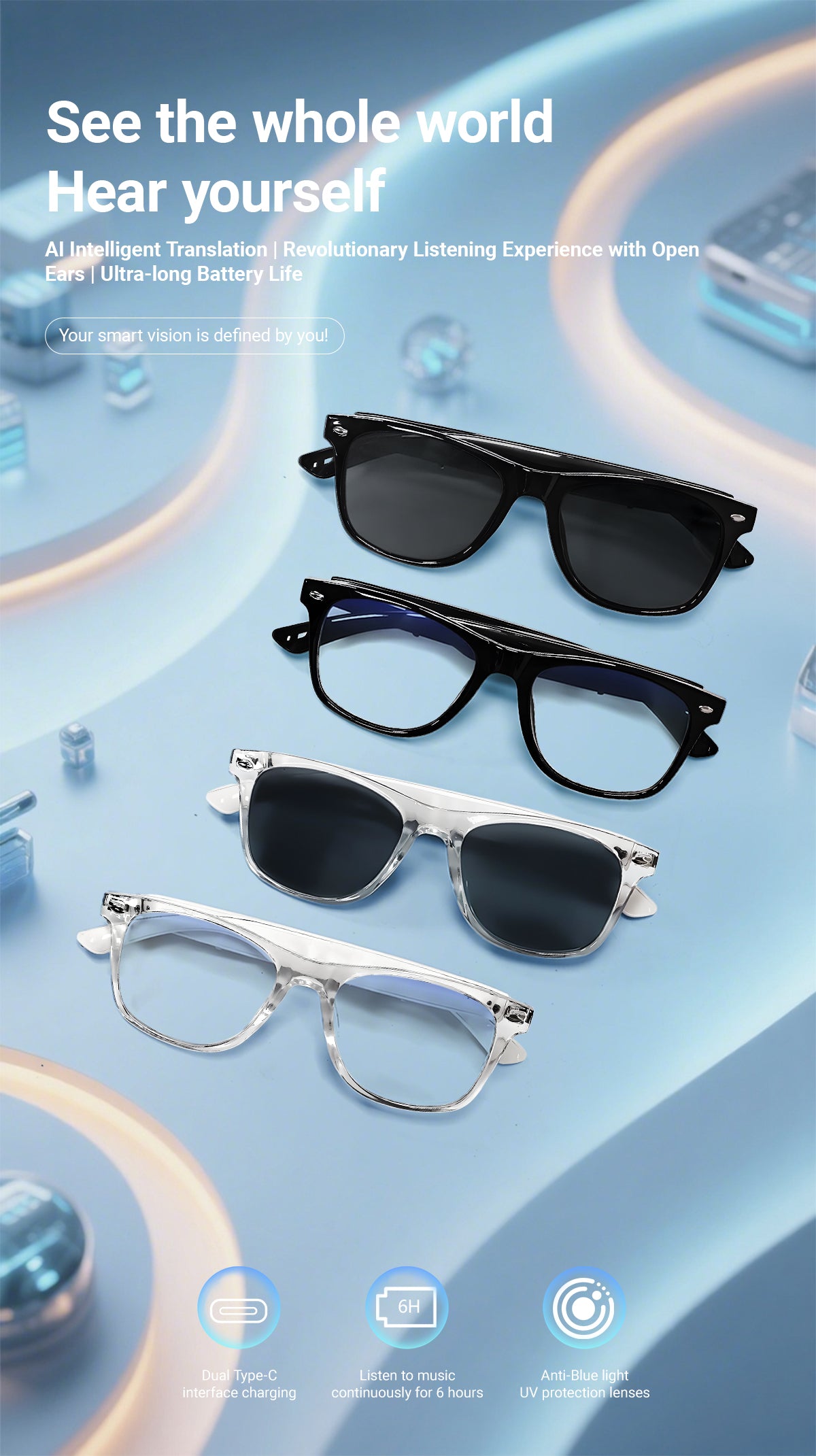 Bluetooth Optical Frame: Music, Translation & Voice Assistance – All in One